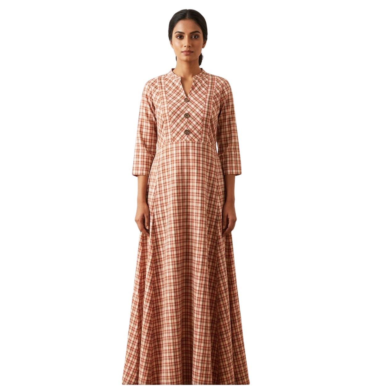 Dusty rose pink and cream checkered maxi dress featuring a V-neck and button detailing.